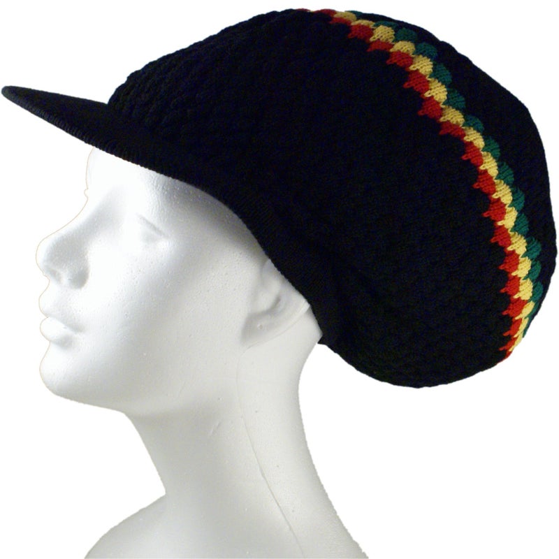 Shoe String King Rasta Knit Tam Hat Dreadlock Cap (Large Round Blk/Red/YEL/Grn w/Brim) - Image 2